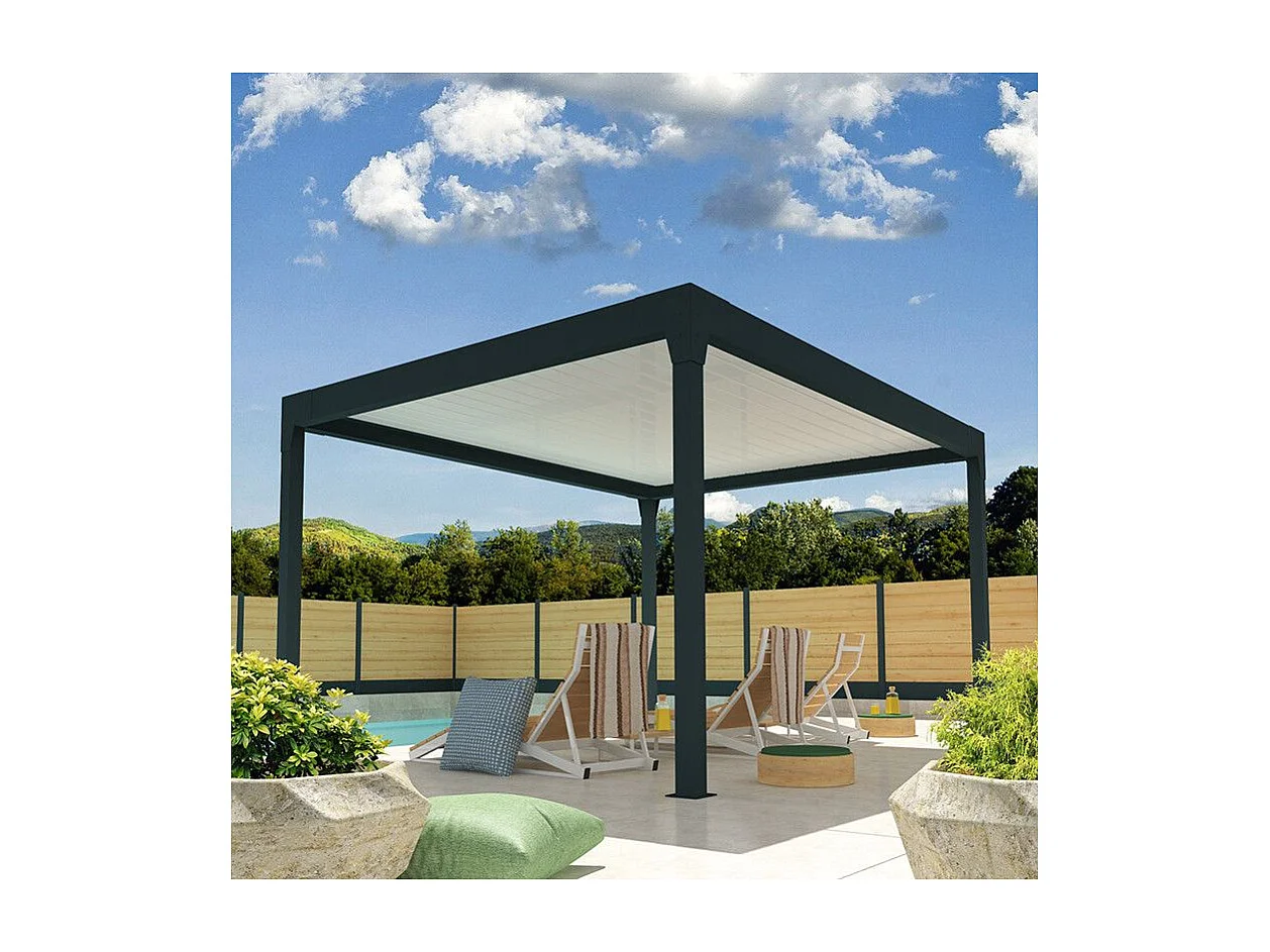 Pergola Bioclimatique AVANOA îlot 3,50x3,538 M Vérin à Télécommande (Gris anthracite / Blanc)