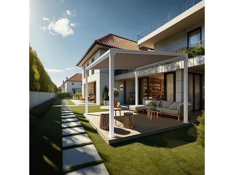 Pergola toile TILA îlot 4,00x4,00m Motorisé à télécommande + manœuvre de secours (Taupe - Blanc)