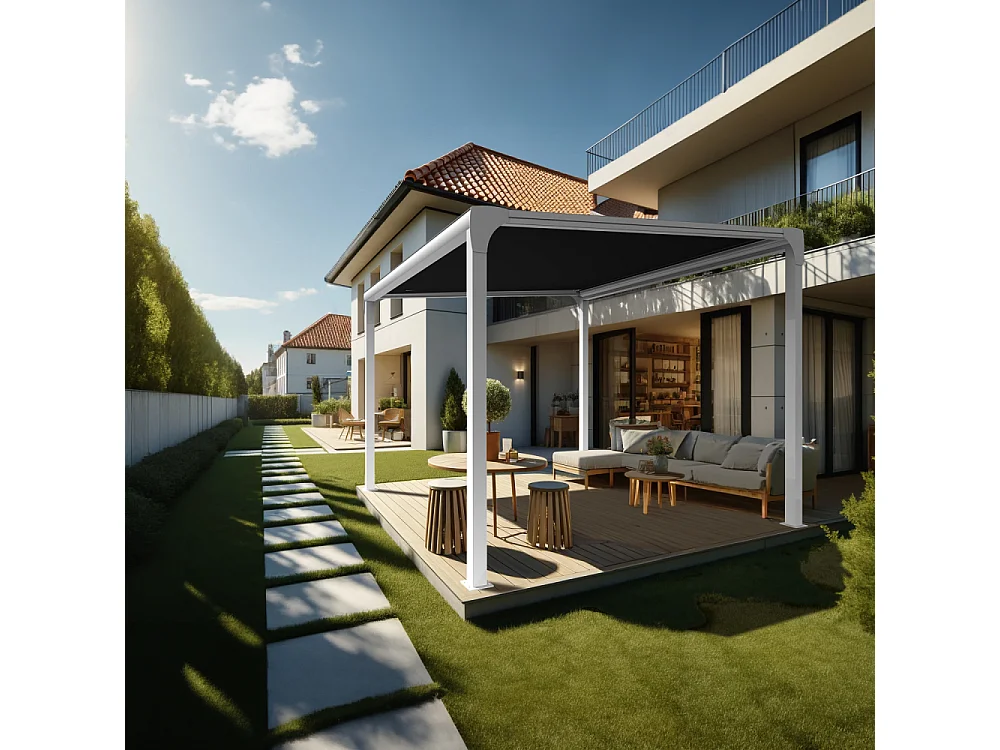 Pergola toile TILA îlot 4,00x3,00m Motorisé à télécommande + manœuvre de secours (Noir - Blanc)