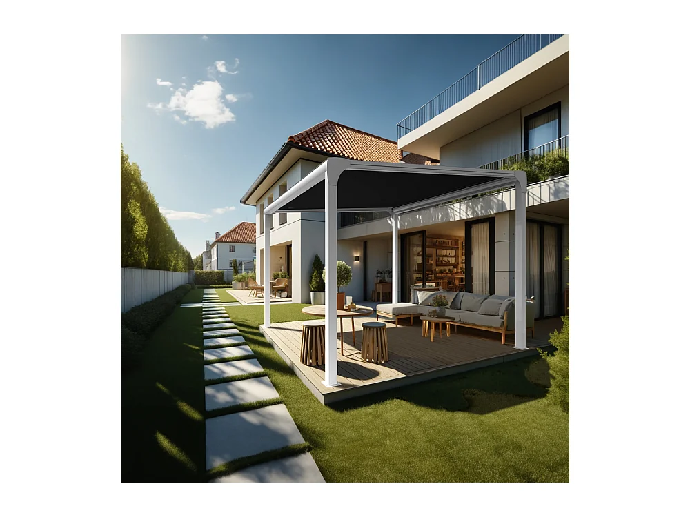 Pergola toile TILA îlot 4,00x3,00m Motorisé à télécommande + manœuvre de secours (Noir - Blanc)