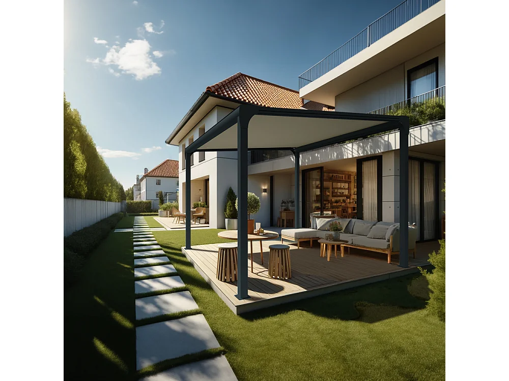 Pergola toile TILA îlot 4,00x4,00m Motorisé à télécommande + manœuvre de secours (Ecru - Gris anthracite)