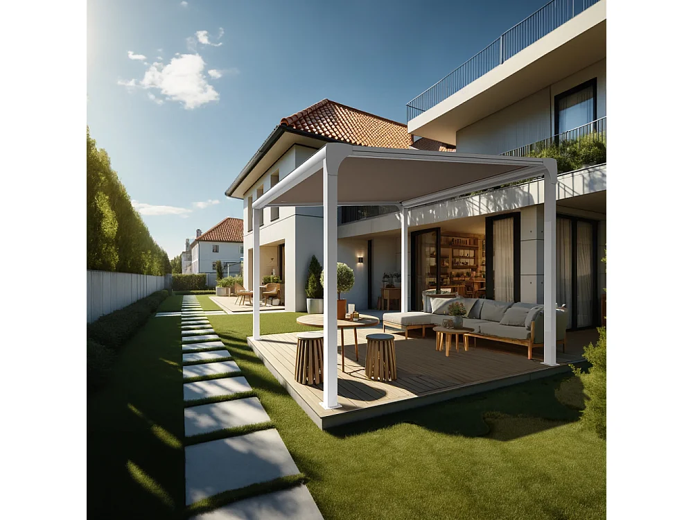 Pergola toile TILA îlot 4,00x3,00m Motorisé à télécommande + manœuvre de secours (Taupe - Blanc)