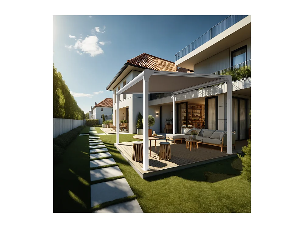 Pergola toile TILA îlot 4,00x3,00m Motorisé à télécommande + manœuvre de secours (Taupe - Blanc)