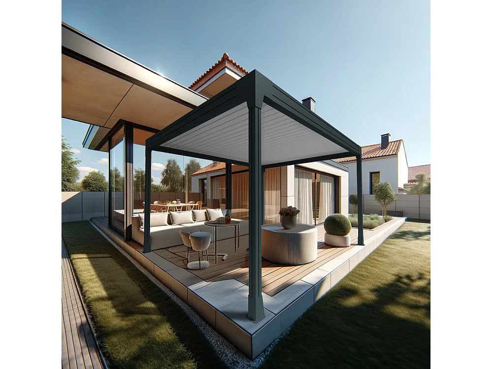 Pergola bioclimatique HELY îlot 4,00x6,029m Vérin à télécommande (Gris anthracite / Blanc)