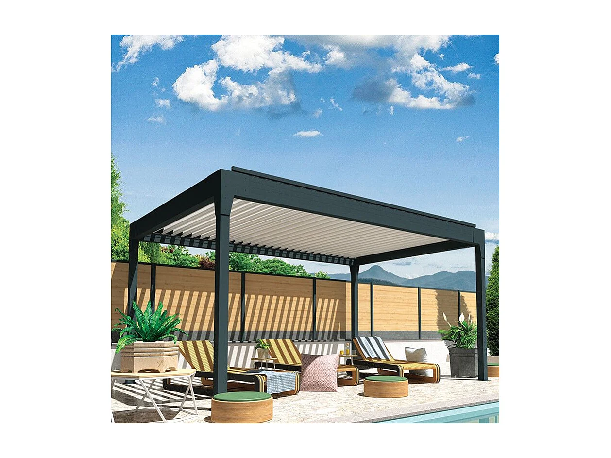 Pergola bioclimatique HELY îlot 4,00x6,029m Vérin à télécommande (Gris anthracite / Blanc)