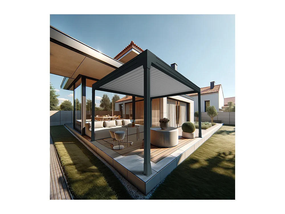 Pergola bioclimatique HELY îlot 4,00x3,054m Vérin à télécommande (Gris anthracite / Blanc)