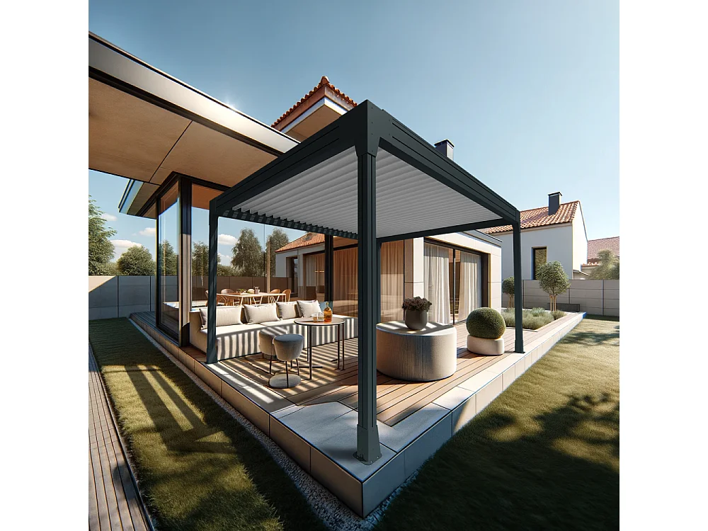 Pergola bioclimatique HELY îlot 4,00x3,054m Vérin à télécommande (Gris anthracite / Blanc)