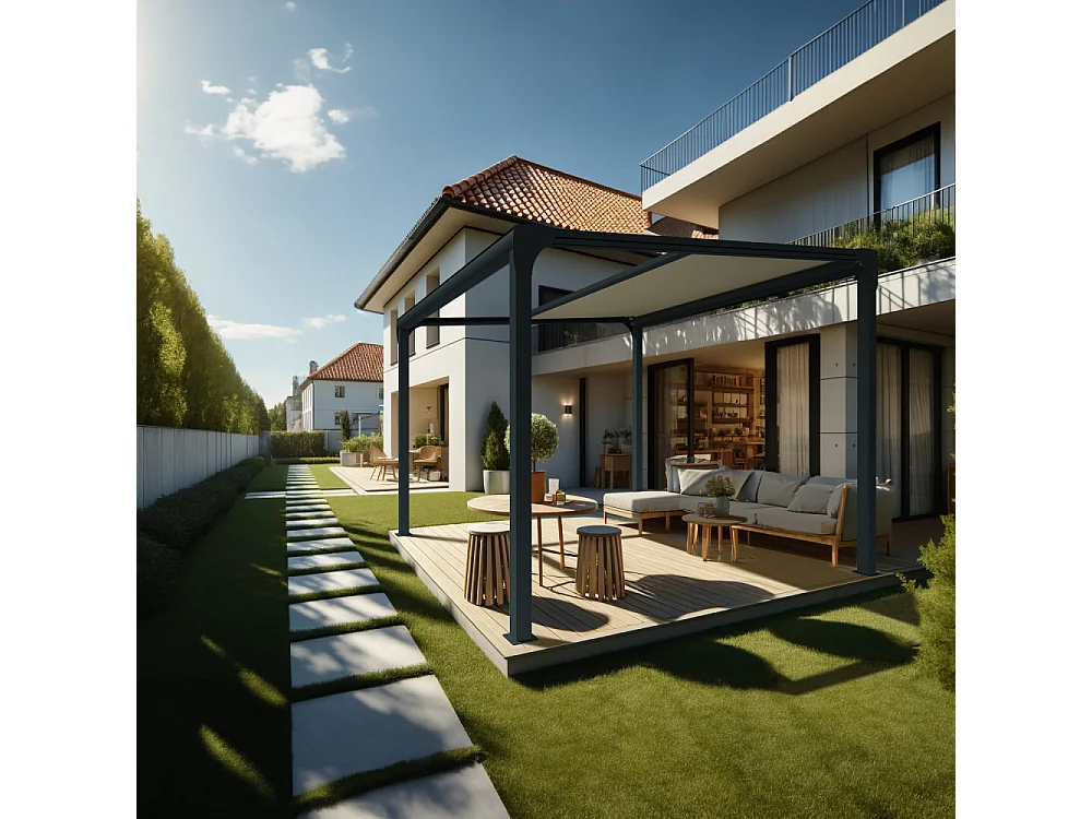 Pergola toile TILA îlot 4,00x3,50m Motorisé à télécommande + manœuvre de secours (Ecru - Gris anthracite)