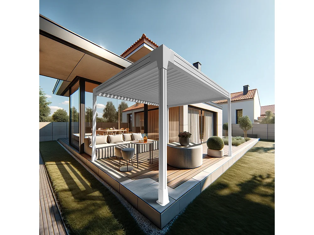 Pergola bioclimatique HELY îlot 4,00x6,029m Vérin à télécommande (Blanc)