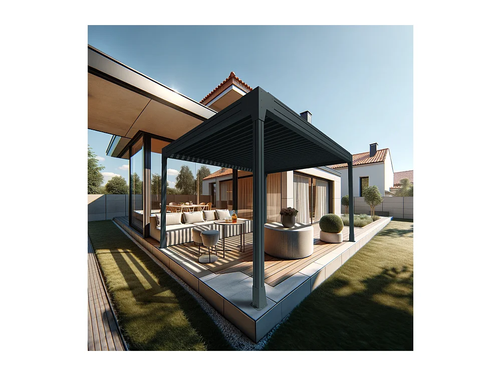 Pergola bioclimatique HELY îlot 4,00x3,054m Vérin à télécommande (Gris anthracite)