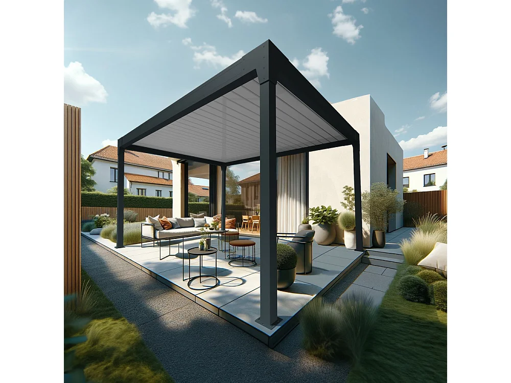 Pergola Bioclimatique AVANOA îlot 3,00x3,013 M Vérin à Télécommande (Gris anthracite / Blanc)