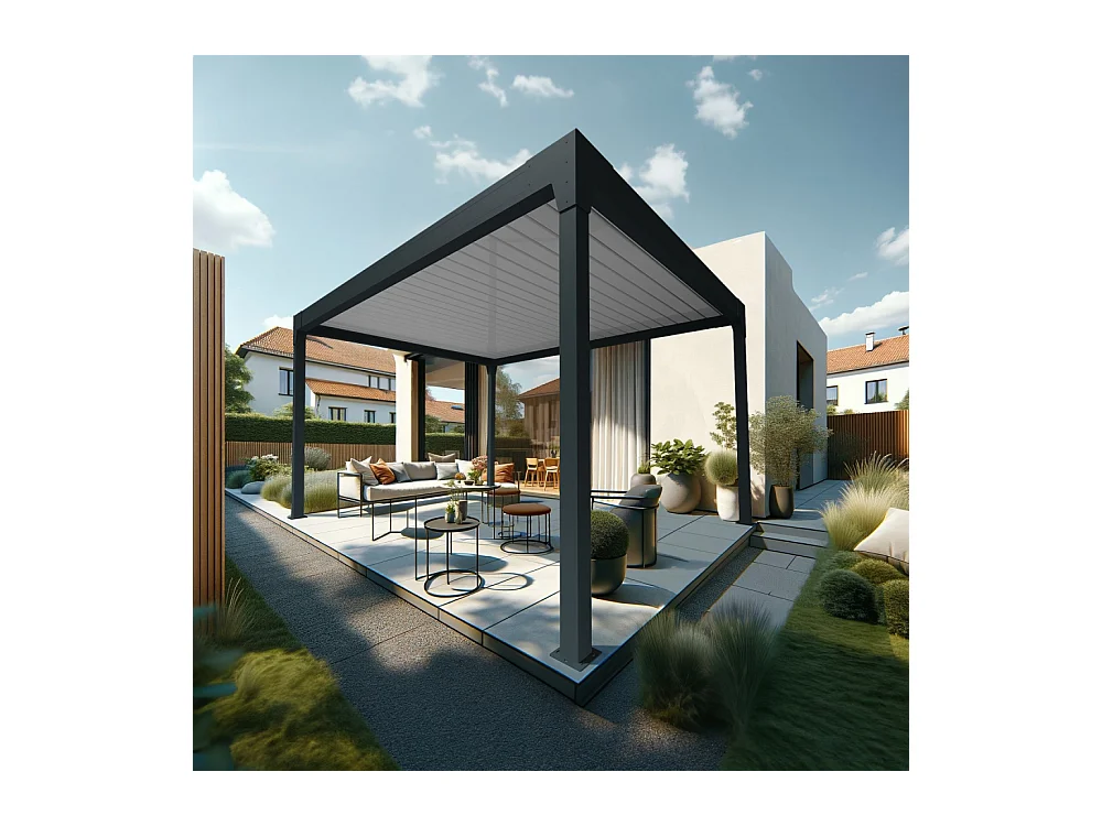 Pergola Bioclimatique AVANOA îlot 3,00x3,013 M Vérin à Télécommande (Gris anthracite / Blanc)
