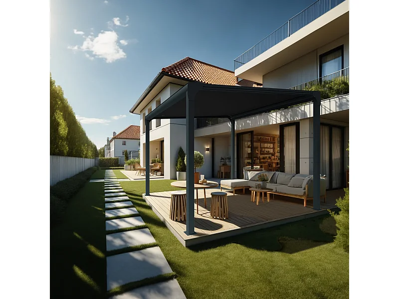 Pergola toile TILA îlot 3,50x3,50m Motorisé à télécommande + manœuvre de secours (Noir - Gris anthracite)