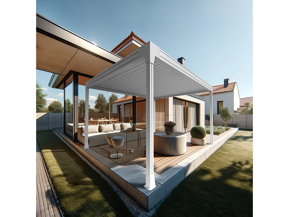 Pergola bioclimatique HELY îlot 4,50x5,154m Vérin à télécommande (Blanc)