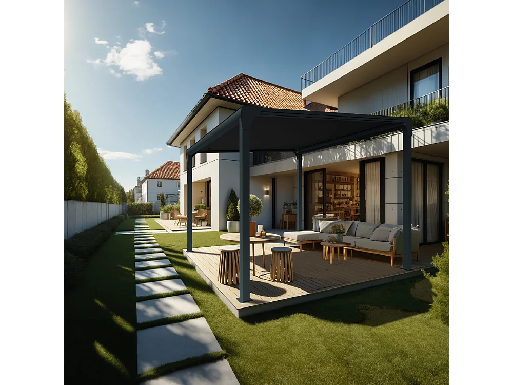 Pergola toile TILA îlot 3,50x3,00m Motorisé à télécommande + manœuvre de secours (Noir - Gris anthracite)