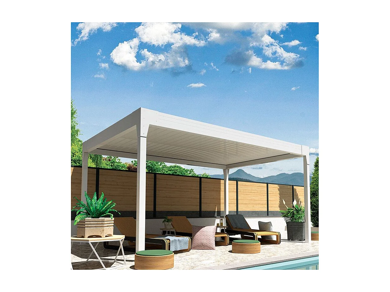 Pergola bioclimatique HELY îlot 4,00x5,154m Vérin à télécommande (Blanc)