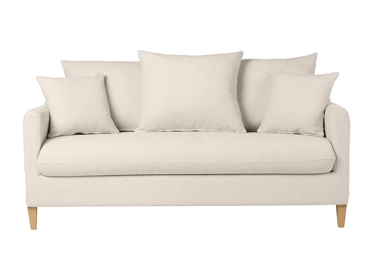 Sofá cama nórdico 3 plazas de tela efecto aterciopelado beige y madera clara LOUISE