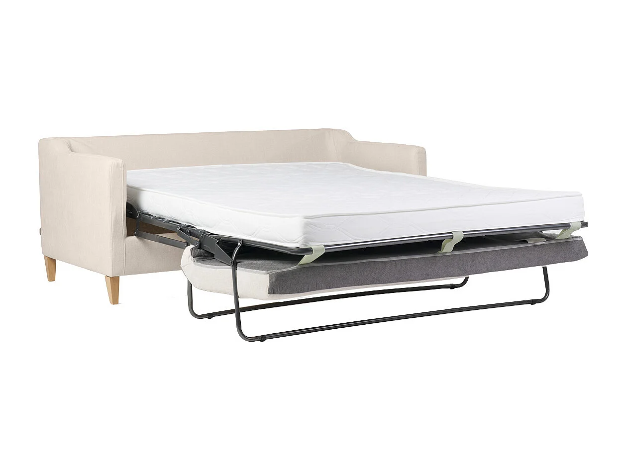 Sofá cama nórdico 3 plazas de tela efecto aterciopelado beige y madera clara LOUISE