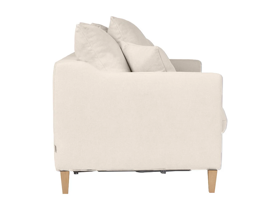 Sofá cama nórdico 3 plazas de tela efecto aterciopelado beige y madera clara LOUISE