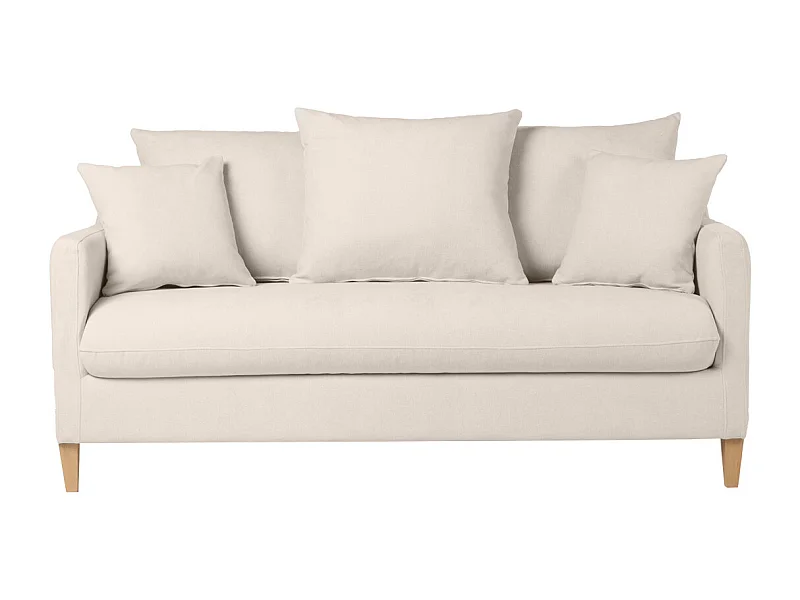 Sofá cama nórdico 3 plazas de tela efecto aterciopelado beige y madera clara LOUISE