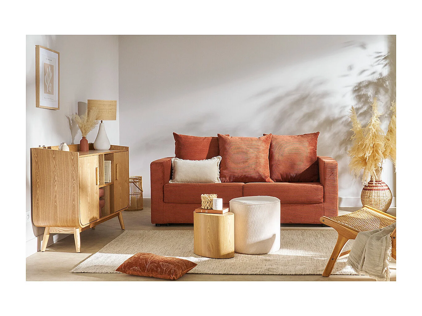 Canapé convertible 3 places en tissu velours côtelé terracotta avec matelas 13 cm BACIO