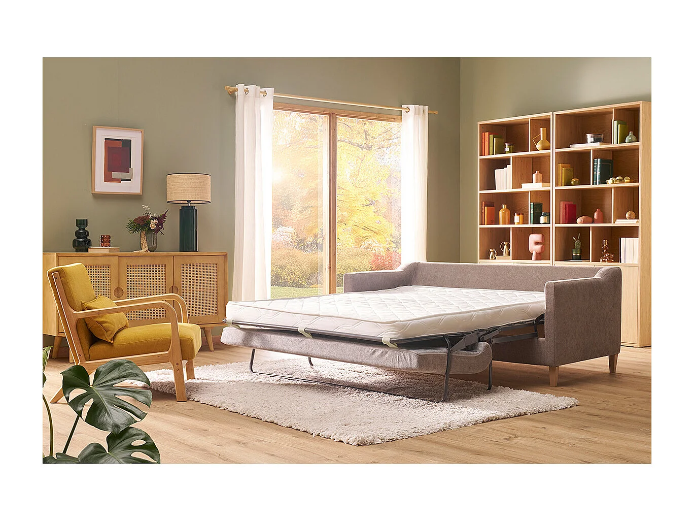 Sofá cama nórdico 3 plazas de tela efecto aterciopelado topo y madera clara LOUISE