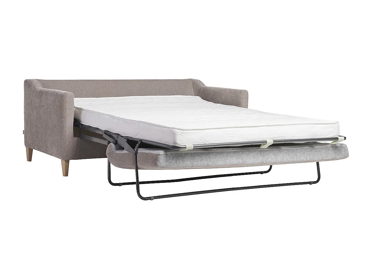 Sofá cama nórdico 3 plazas de tela efecto aterciopelado topo y madera clara LOUISE