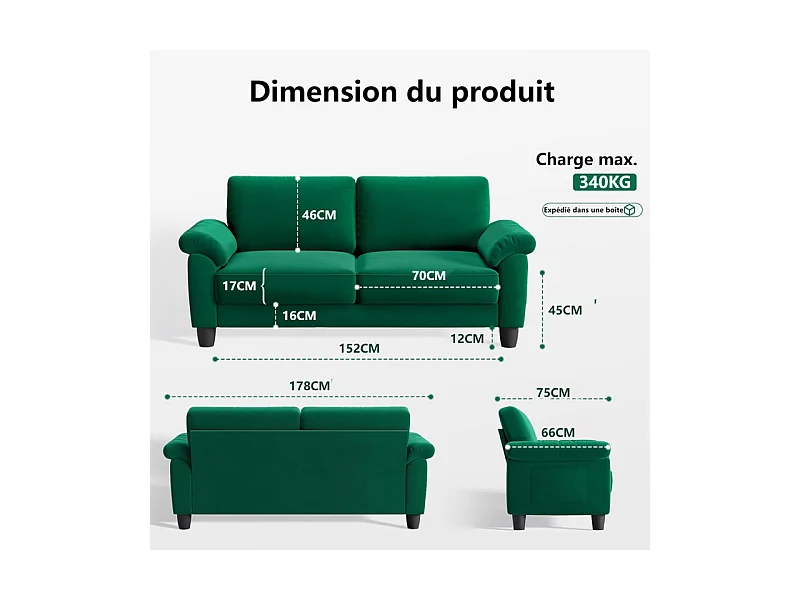 Divano soggiorno 2 Place in tessuto, divano moderno a metà del secolo, con sacchetto di stoccaggio, 178x75x87cm, verde