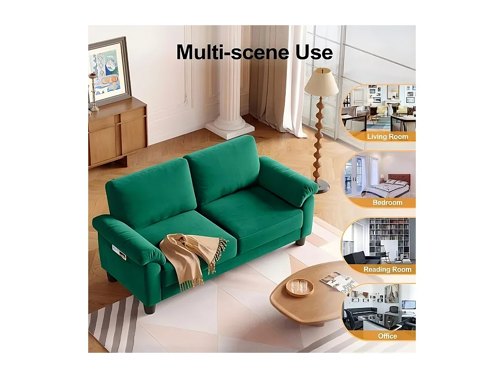 2-zits woonkamerbank in chenille-stof, moderne bank uit het midden van de eeuw, met opbergtas, 178x75x87cm, groen