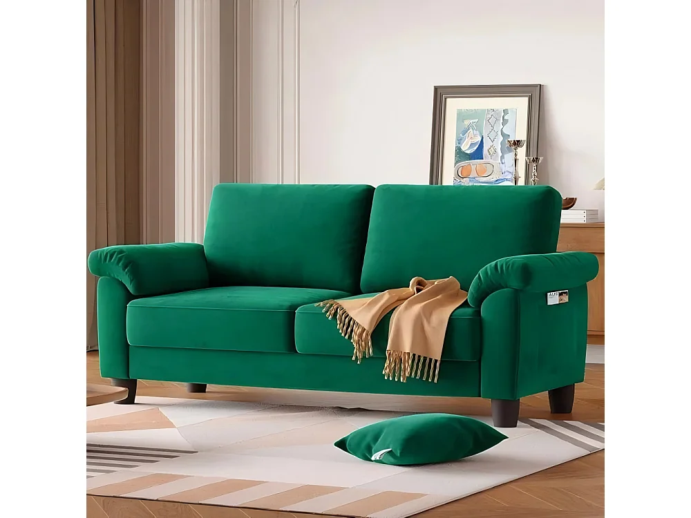 Canapé de salon 2 place en tissu chenille, Canapé moderne du milieu du siècle, avec sac de rangement, 178x75x87cm, Vert