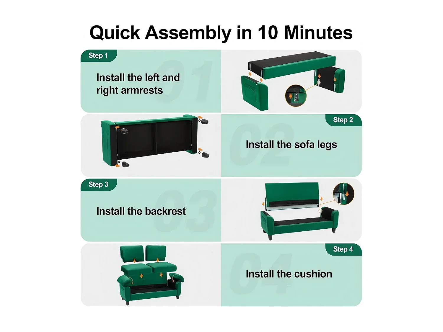 Canapé de salon 2 place en tissu chenille, Canapé moderne du milieu du siècle, avec sac de rangement, 178x75x87cm, Vert