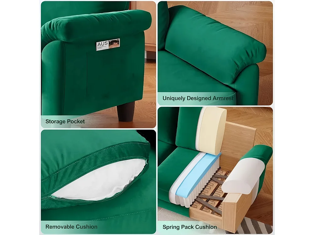 Canapé de salon 2 place en tissu chenille, Canapé moderne du milieu du siècle, avec sac de rangement, 178x75x87cm, Vert