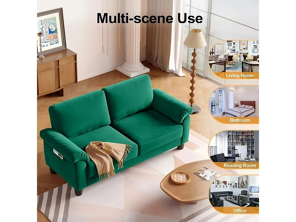 Canapé de salon 2 place en tissu chenille, Canapé moderne du milieu du siècle, avec sac de rangement, 178x75x87cm, Vert