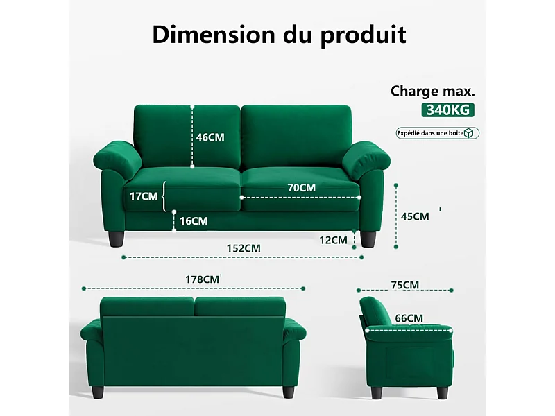 Canapé de salon 2 place en tissu chenille, Canapé moderne du milieu du siècle, avec sac de rangement, 178x75x87cm, Vert