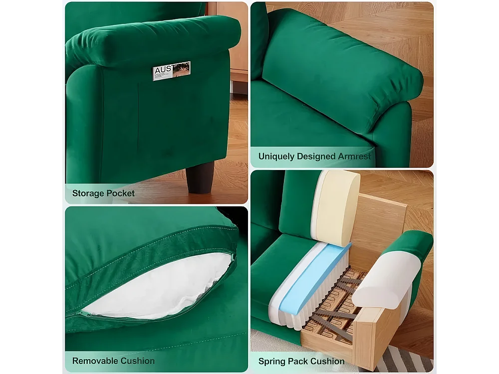 Canapé de salon 2 place en tissu chenille, Canapé moderne du milieu du siècle, avec sac de rangement, 178x75x87cm, Vert