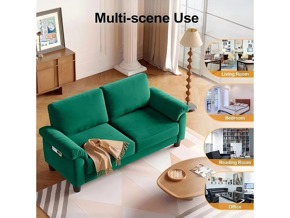 Canapé de salon 2 place en tissu chenille, Canapé moderne du milieu du siècle, avec sac de rangement, 178x75x87cm, Vert