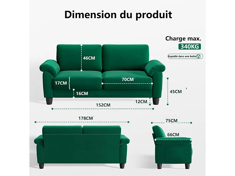Canapé de salon 2 place en tissu chenille, Canapé moderne du milieu du siècle, avec sac de rangement, 178x75x87cm, Vert