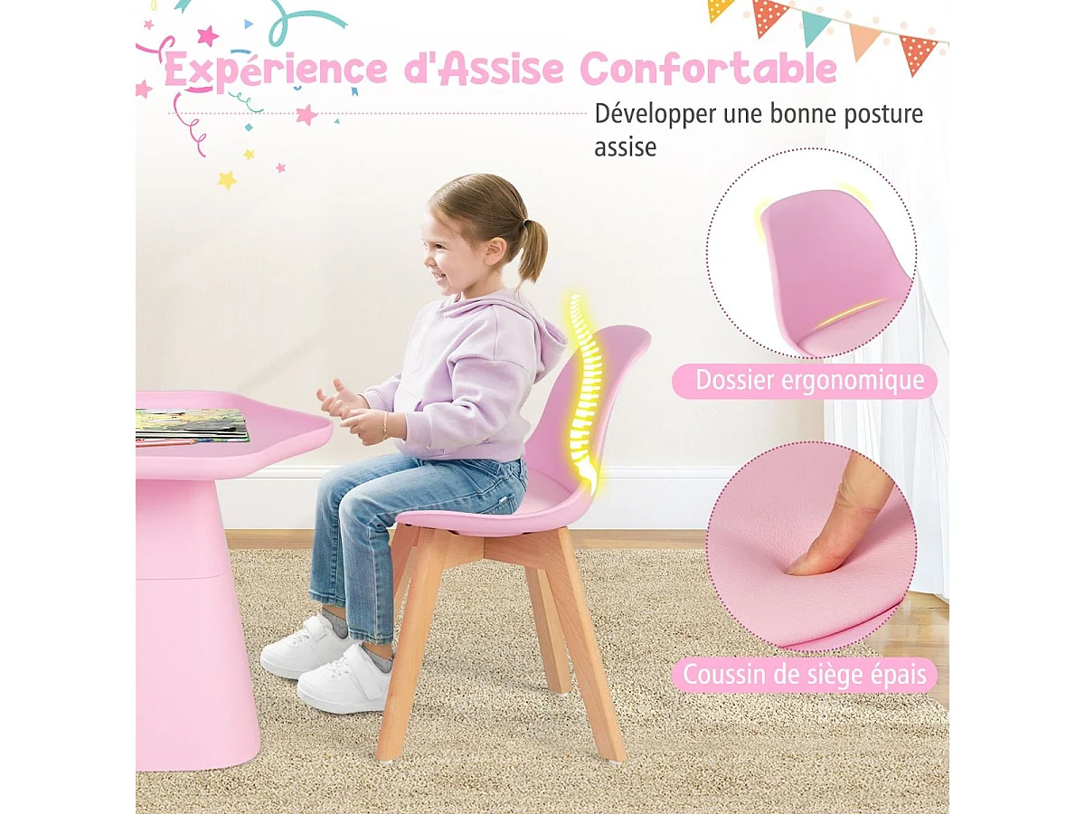 Table Enfant et 2 Chaises en Bois avec Dossier Ergonomique & Coussin, Table Enfant en Forme Fleur avec Conception Concave, Charge 50kg pour Tout-Petits de 3-8 Ans, Rose