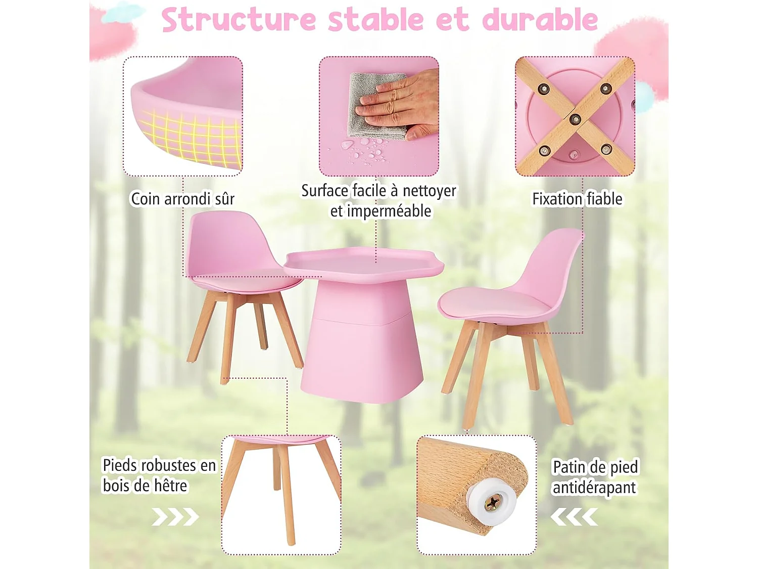 Table Enfant et 2 Chaises en Bois avec Dossier Ergonomique & Coussin, Table Enfant en Forme Fleur avec Conception Concave, Charge 50kg pour Tout-Petits de 3-8 Ans, Rose