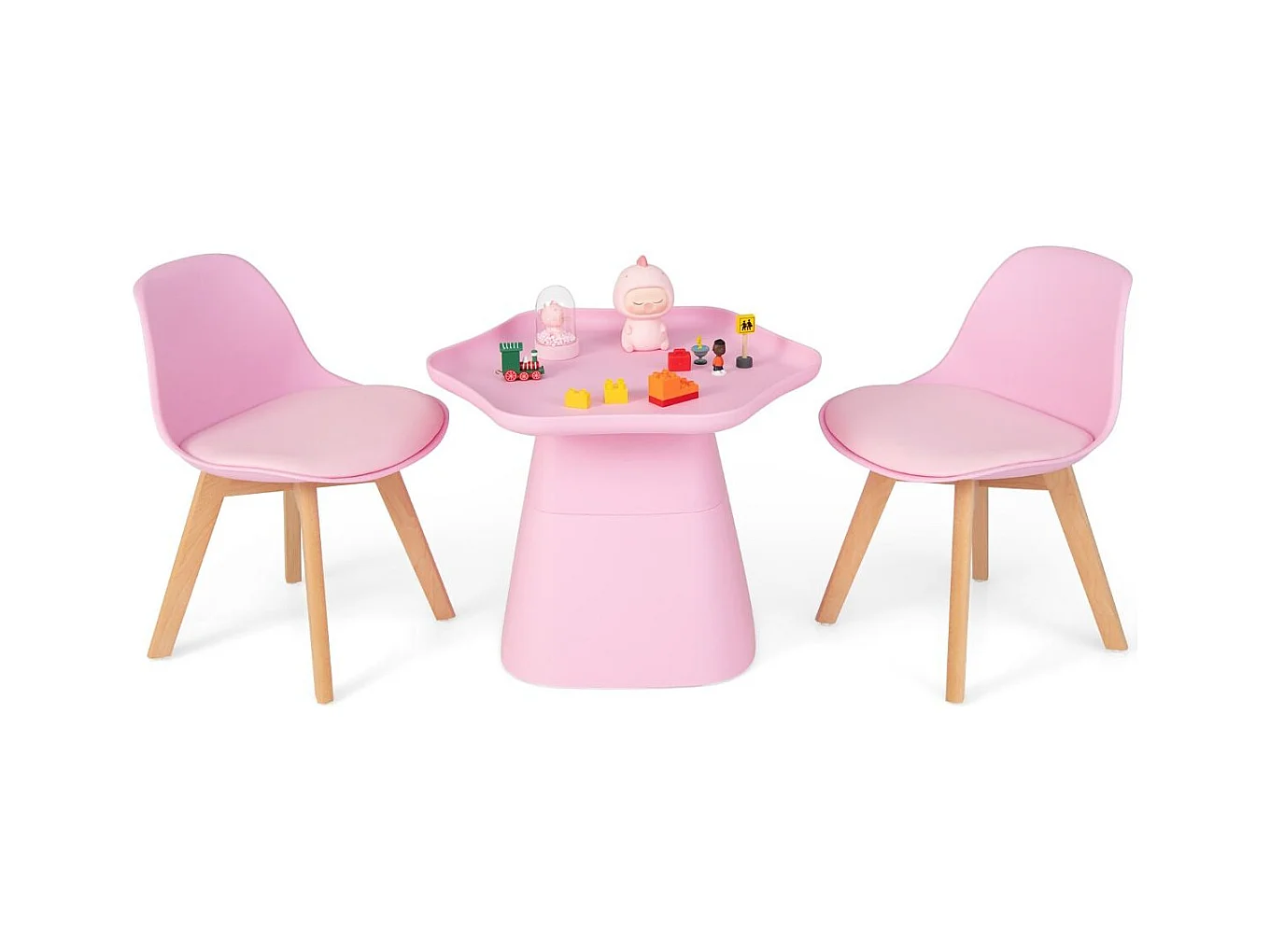 Table Enfant et 2 Chaises en Bois avec Dossier Ergonomique & Coussin, Table Enfant en Forme Fleur avec Conception Concave, Charge 50kg pour Tout-Petits de 3-8 Ans, Rose