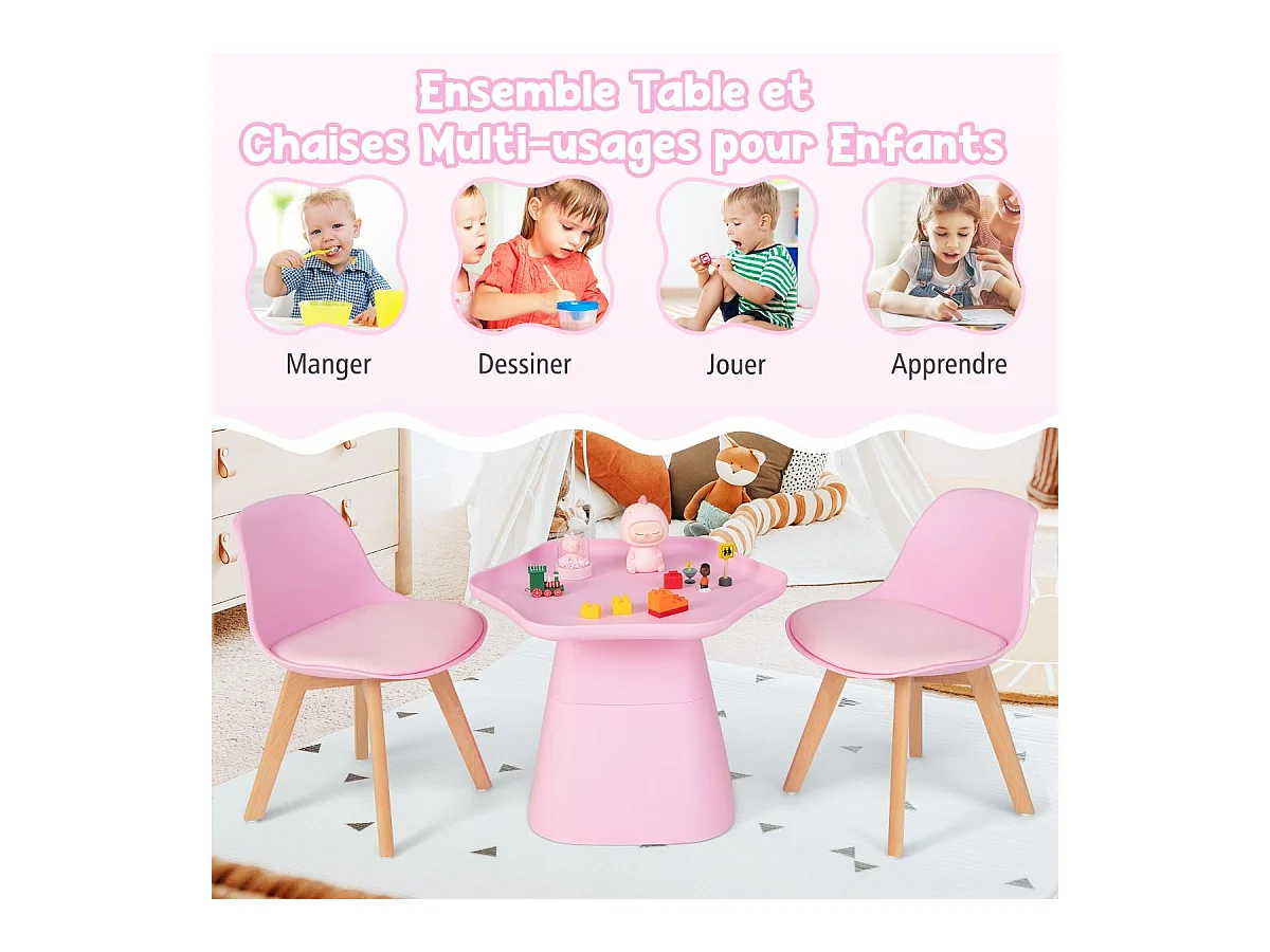 Table Enfant et 2 Chaises en Bois avec Dossier Ergonomique & Coussin, Table Enfant en Forme Fleur avec Conception Concave, Charge 50kg pour Tout-Petits de 3-8 Ans, Rose