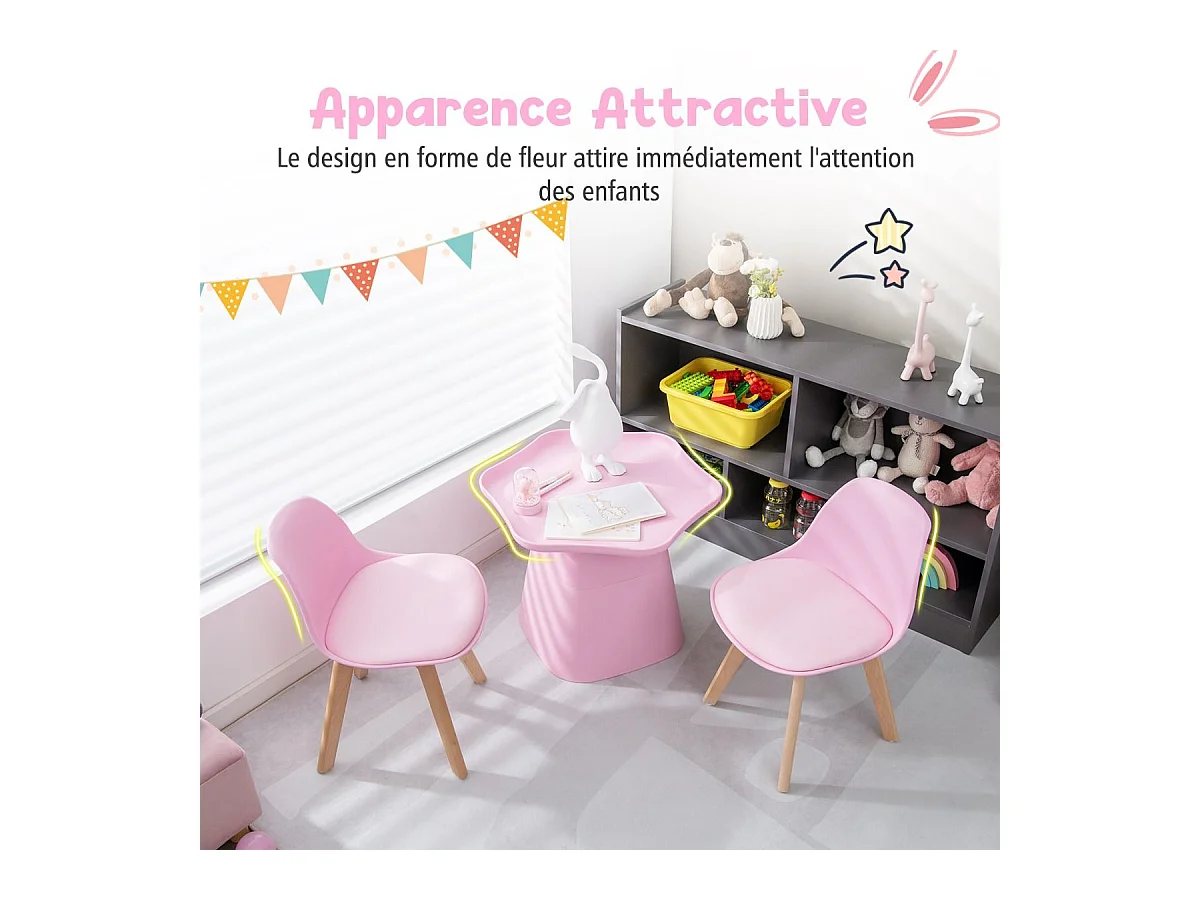 Table Enfant et 2 Chaises en Bois avec Dossier Ergonomique & Coussin, Table Enfant en Forme Fleur avec Conception Concave, Charge 50kg pour Tout-Petits de 3-8 Ans, Rose