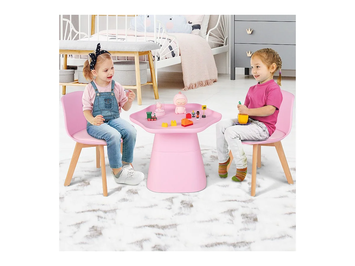 Table Enfant et 2 Chaises en Bois avec Dossier Ergonomique & Coussin, Table Enfant en Forme Fleur avec Conception Concave, Charge 50kg pour Tout-Petits de 3-8 Ans, Rose
