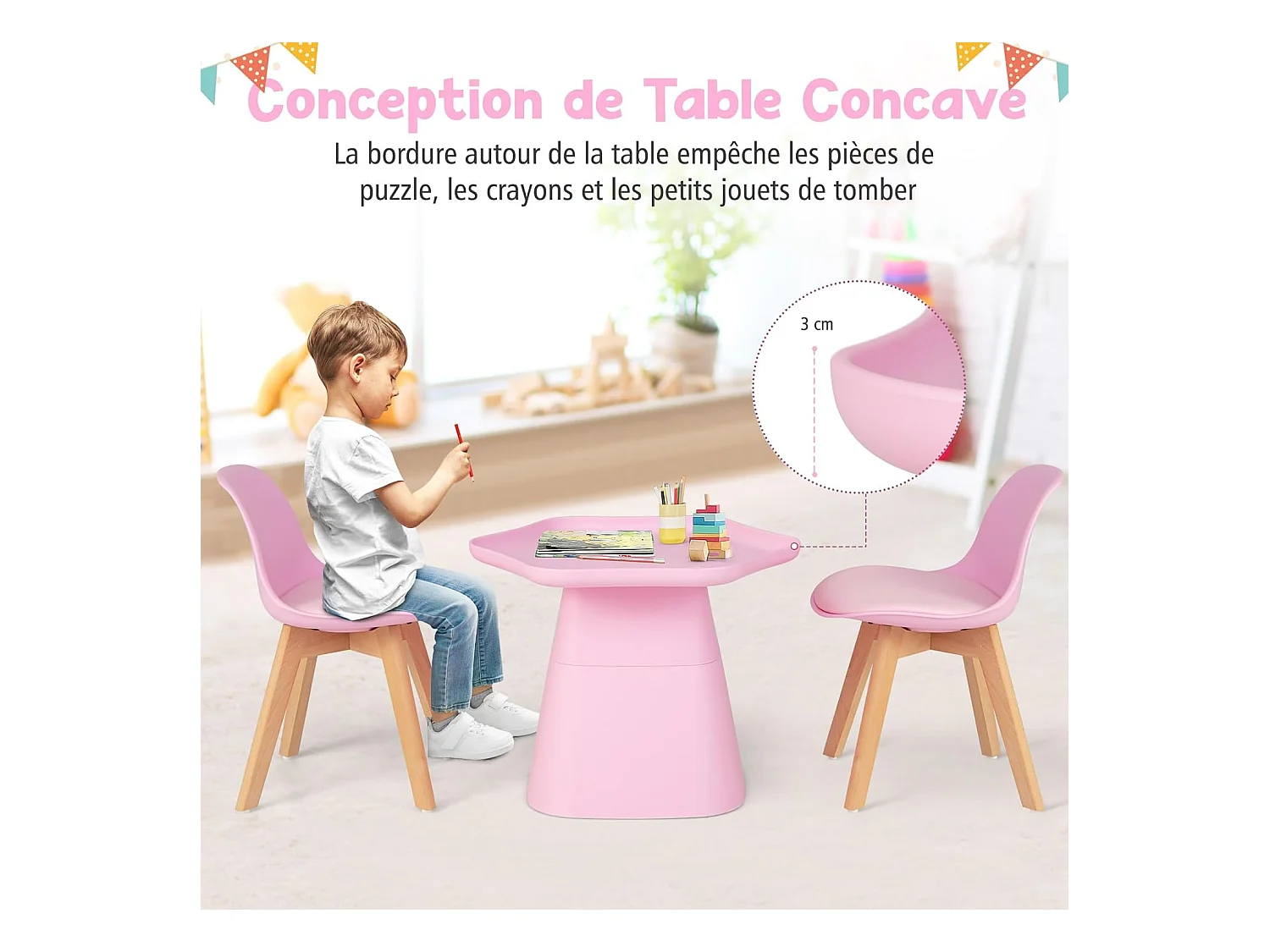 Table Enfant et 2 Chaises en Bois avec Dossier Ergonomique & Coussin, Table Enfant en Forme Fleur avec Conception Concave, Charge 50kg pour Tout-Petits de 3-8 Ans, Rose