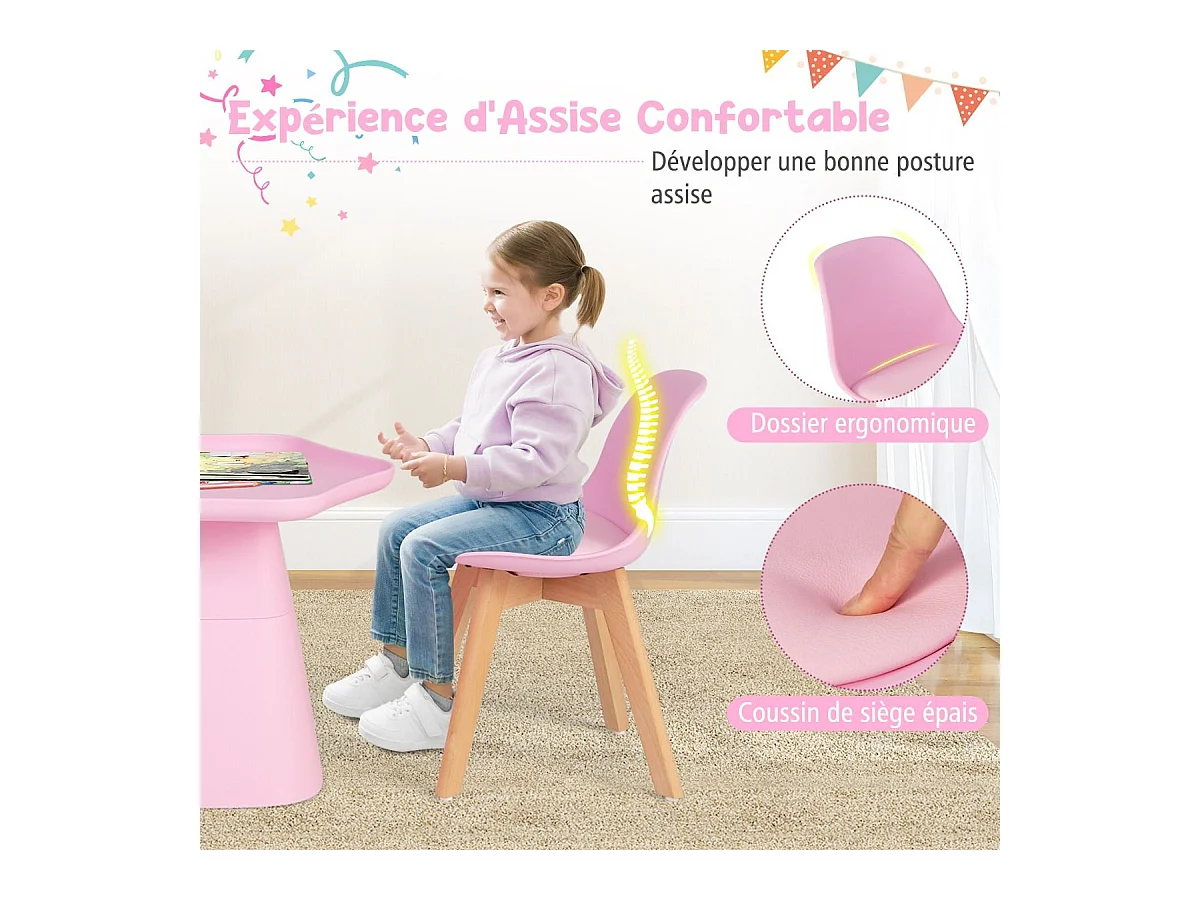 Table Enfant et 2 Chaises en Bois avec Dossier Ergonomique & Coussin, Table Enfant en Forme Fleur avec Conception Concave, Charge 50kg pour Tout-Petits de 3-8 Ans, Rose