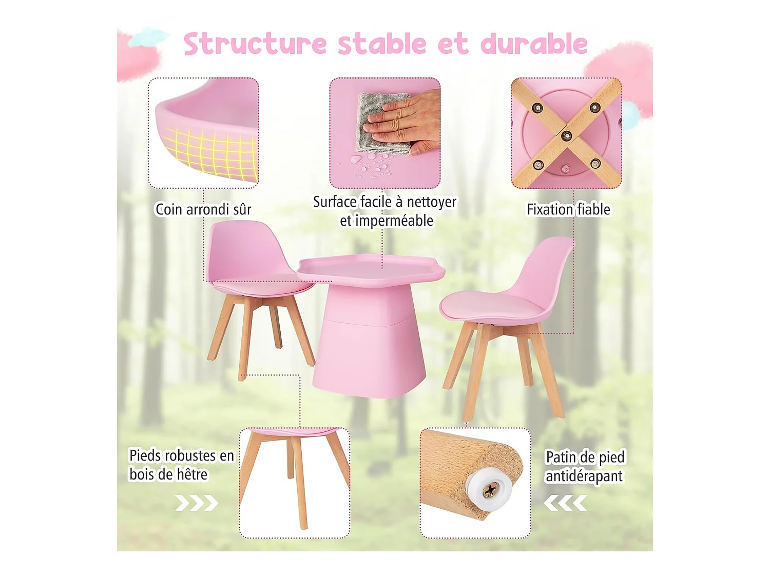 Table Enfant et 2 Chaises en Bois avec Dossier Ergonomique & Coussin, Table Enfant en Forme Fleur avec Conception Concave, Charge 50kg pour Tout-Petits de 3-8 Ans, Rose