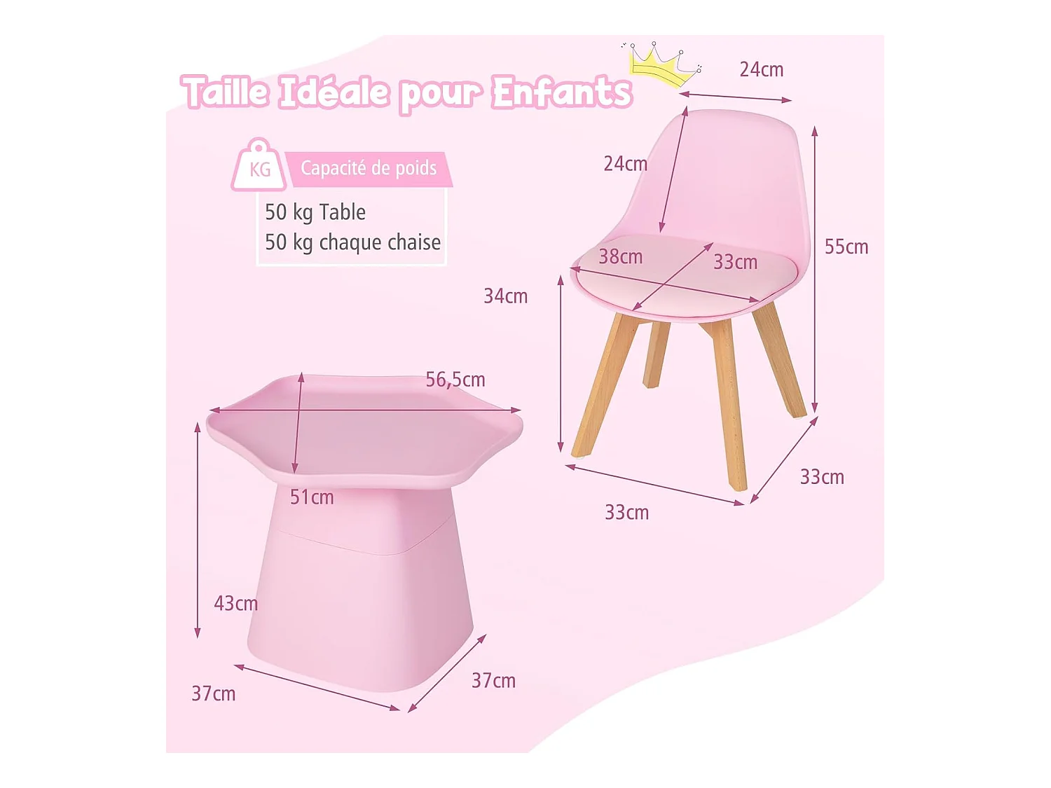 Table Enfant et 2 Chaises en Bois avec Dossier Ergonomique & Coussin, Table Enfant en Forme Fleur avec Conception Concave, Charge 50kg pour Tout-Petits de 3-8 Ans, Rose
