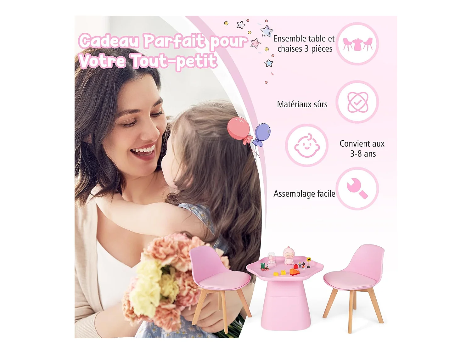 Table Enfant et 2 Chaises en Bois avec Dossier Ergonomique & Coussin, Table Enfant en Forme Fleur avec Conception Concave, Charge 50kg pour Tout-Petits de 3-8 Ans, Rose