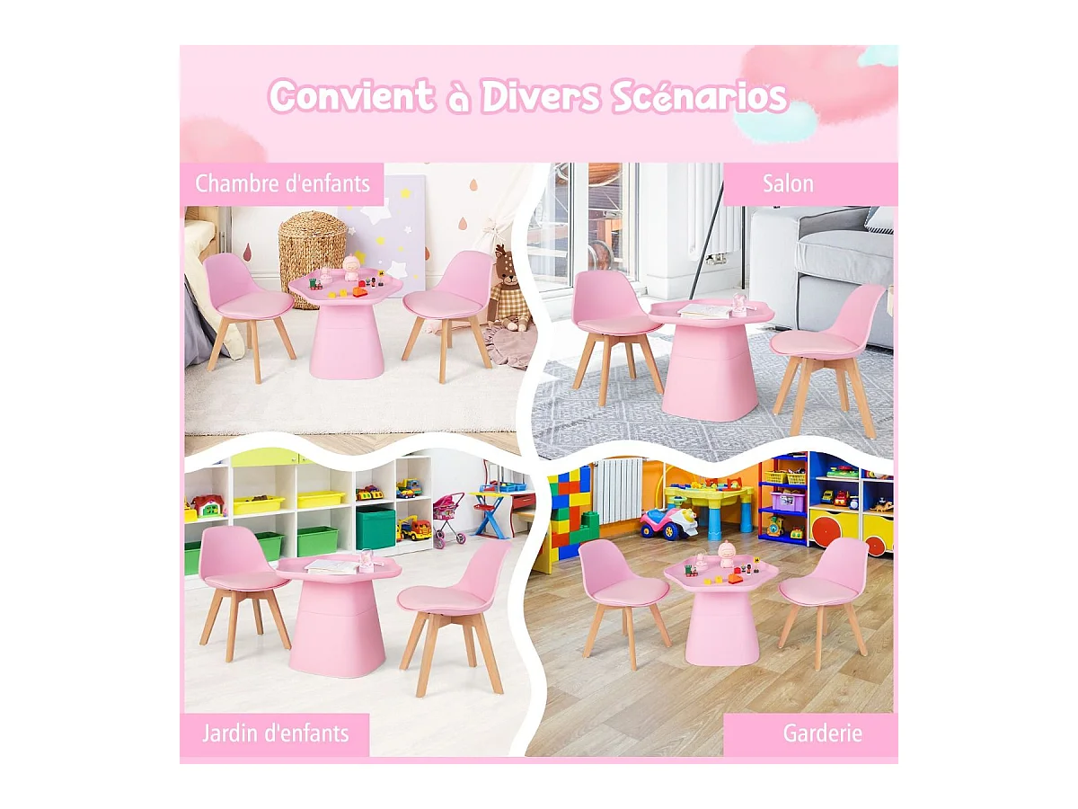 Table Enfant et 2 Chaises en Bois avec Dossier Ergonomique & Coussin, Table Enfant en Forme Fleur avec Conception Concave, Charge 50kg pour Tout-Petits de 3-8 Ans, Rose
