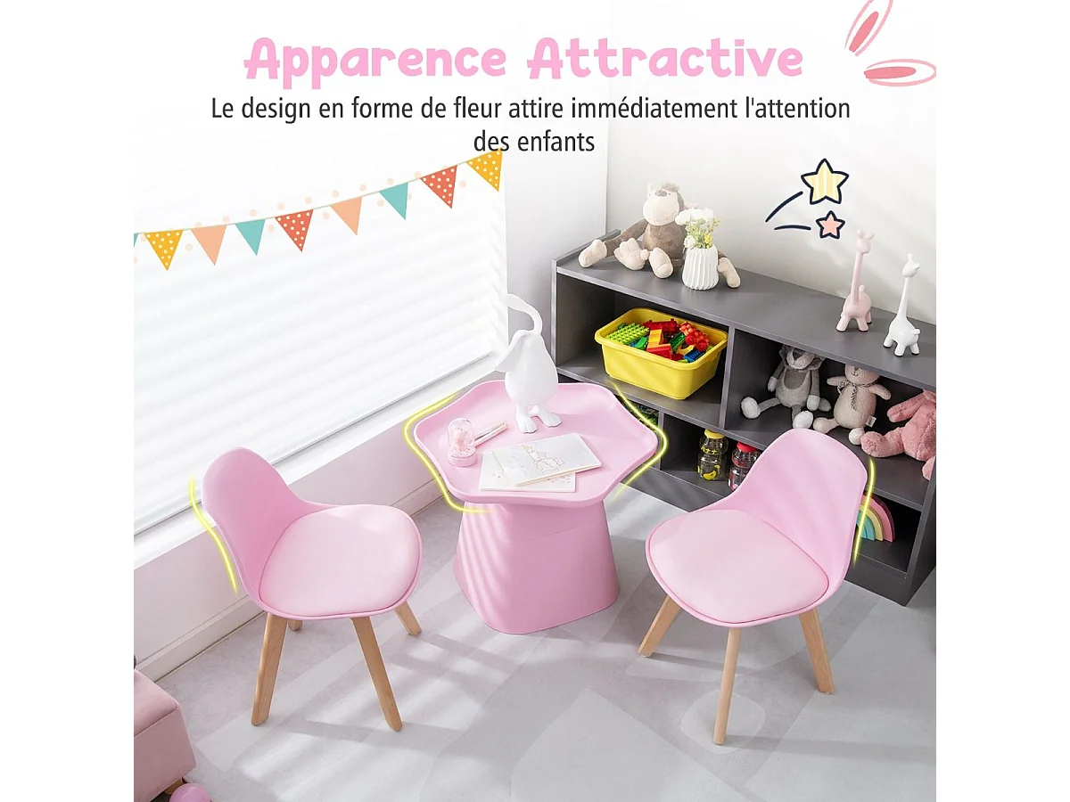 Table Enfant et 2 Chaises en Bois avec Dossier Ergonomique & Coussin, Table Enfant en Forme Fleur avec Conception Concave, Charge 50kg pour Tout-Petits de 3-8 Ans, Rose